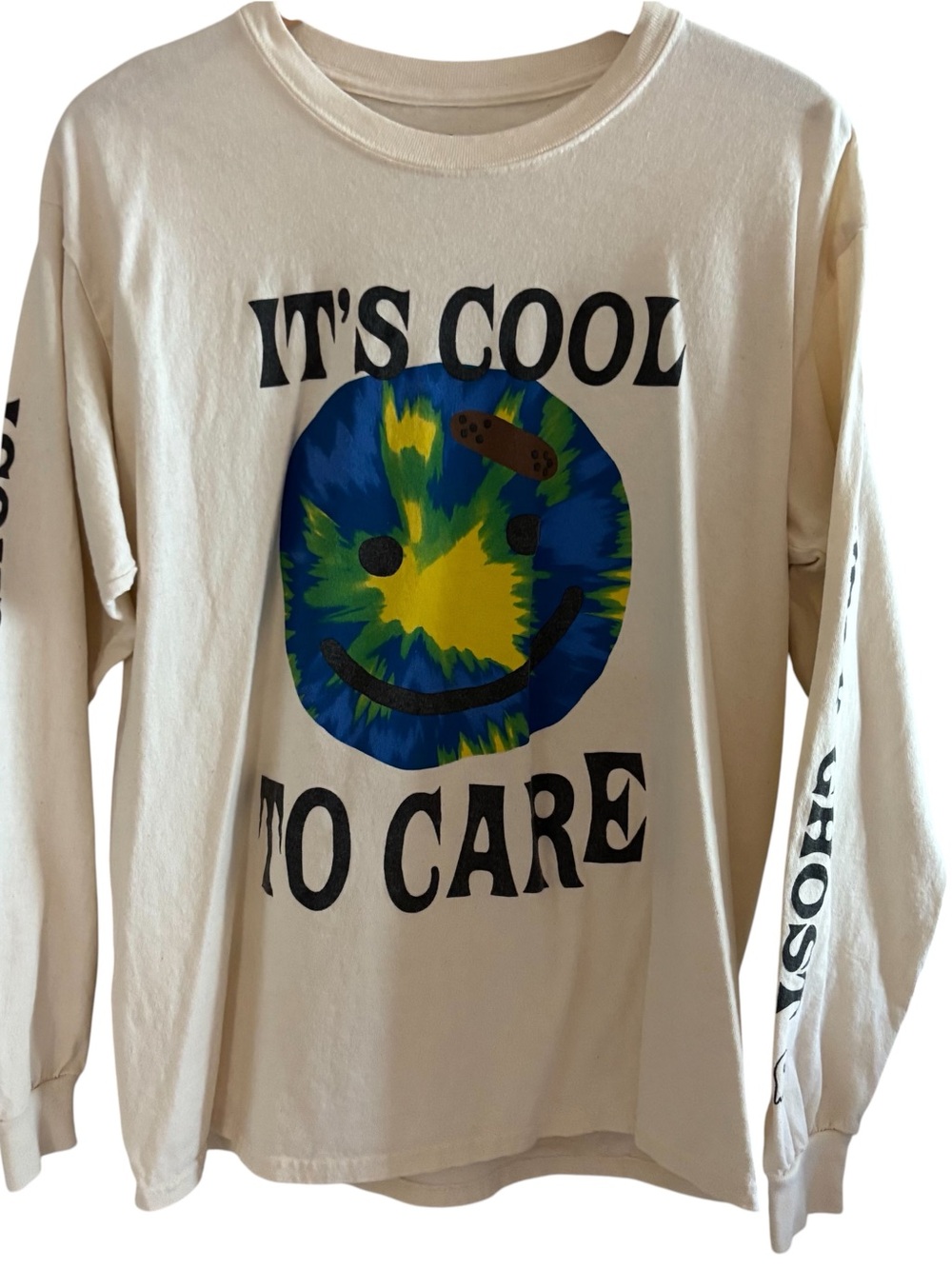LONELY GHOST Cream Long Sleeve Tee with Blue & Green Tie-Dye Smile